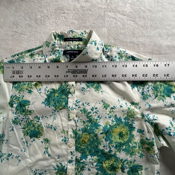 Lands' End Women No-Iron Supima Cotton Floral Button-Up Shirt Size 6 Green White - Picture 5 of 7